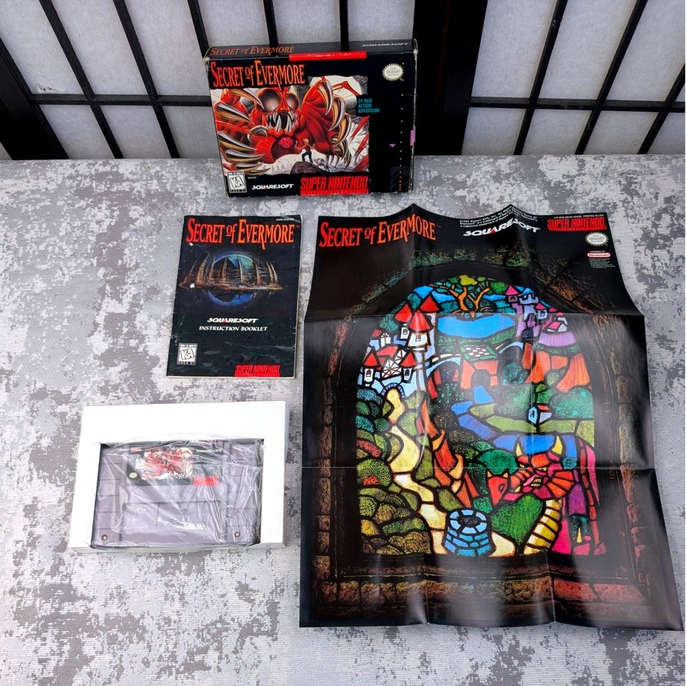 Secret of Evermore SNES Super Nintendo Squaresoft Complete In Box With Poster